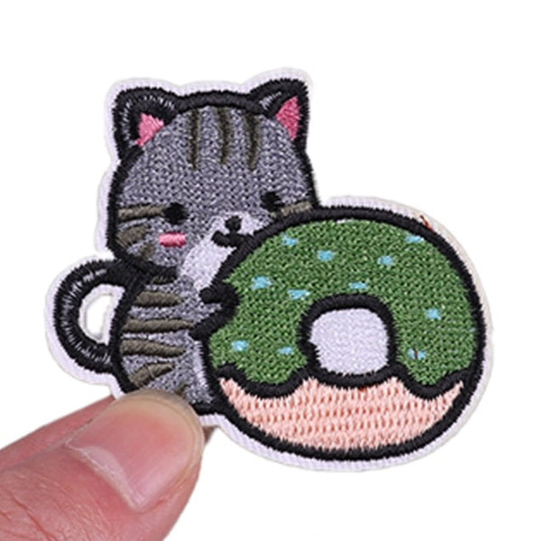 Cat 'Holding Matcha Donut' Embroidered Velcro Patch