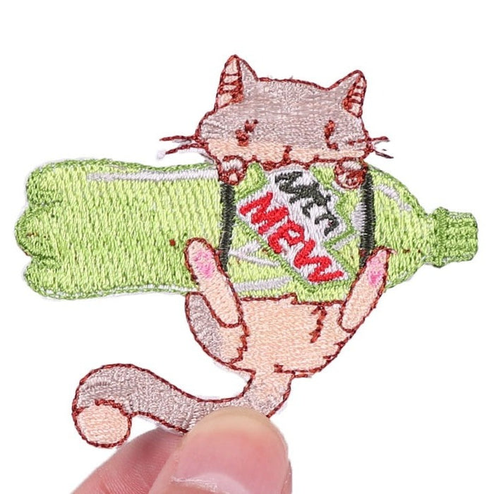 Cute Cat 'Hugging A Mew Bottle' Embroidered Patch