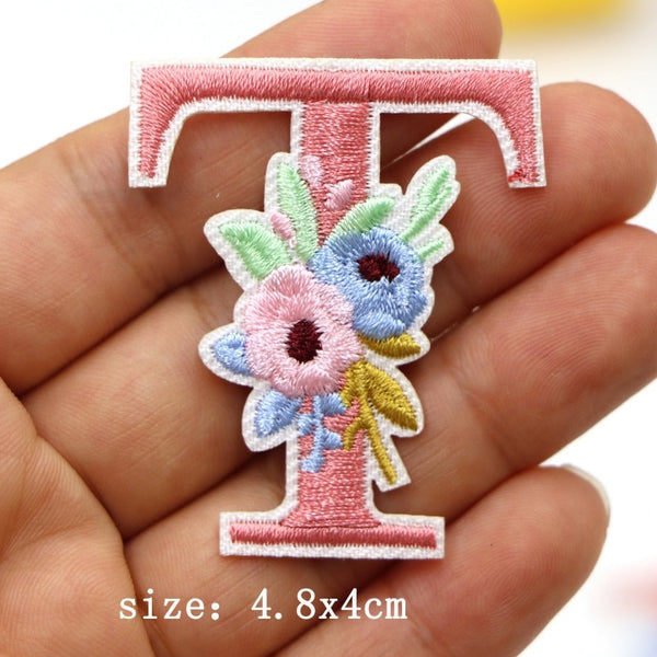 Cute 'Pink Letter T | Flowers' Embroidered Patch