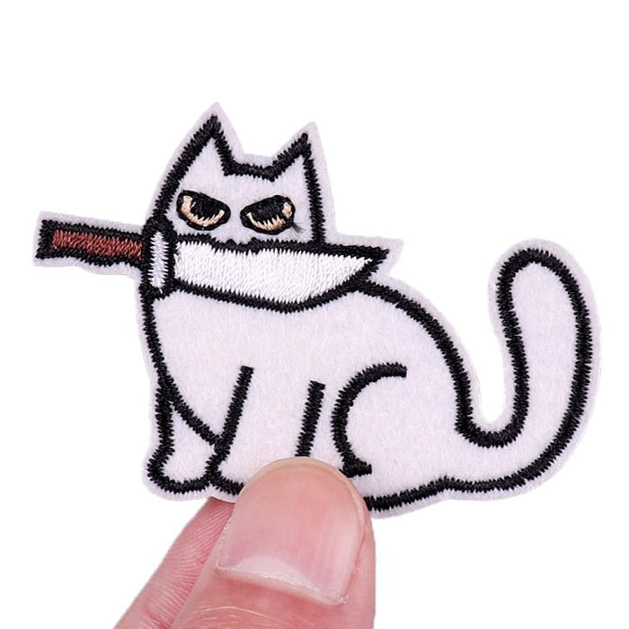 White Cat 'Knife In Mouth | Sad' Embroidered Patch