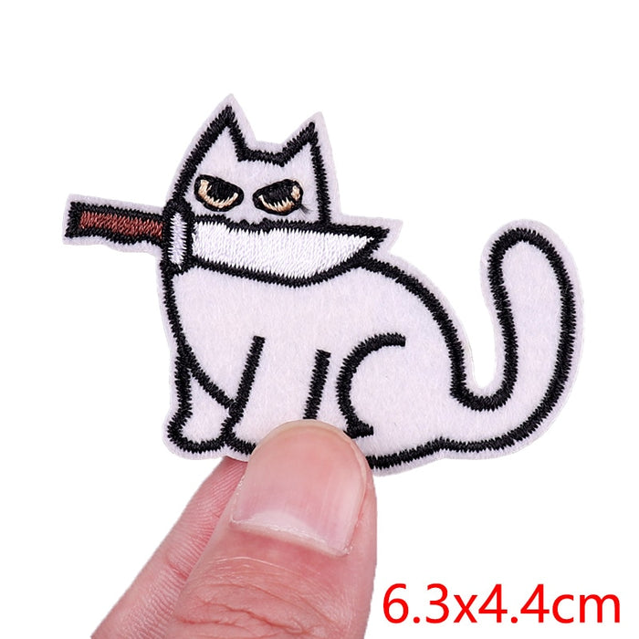 White Cat 'Knife In Mouth | Sad' Embroidered Patch