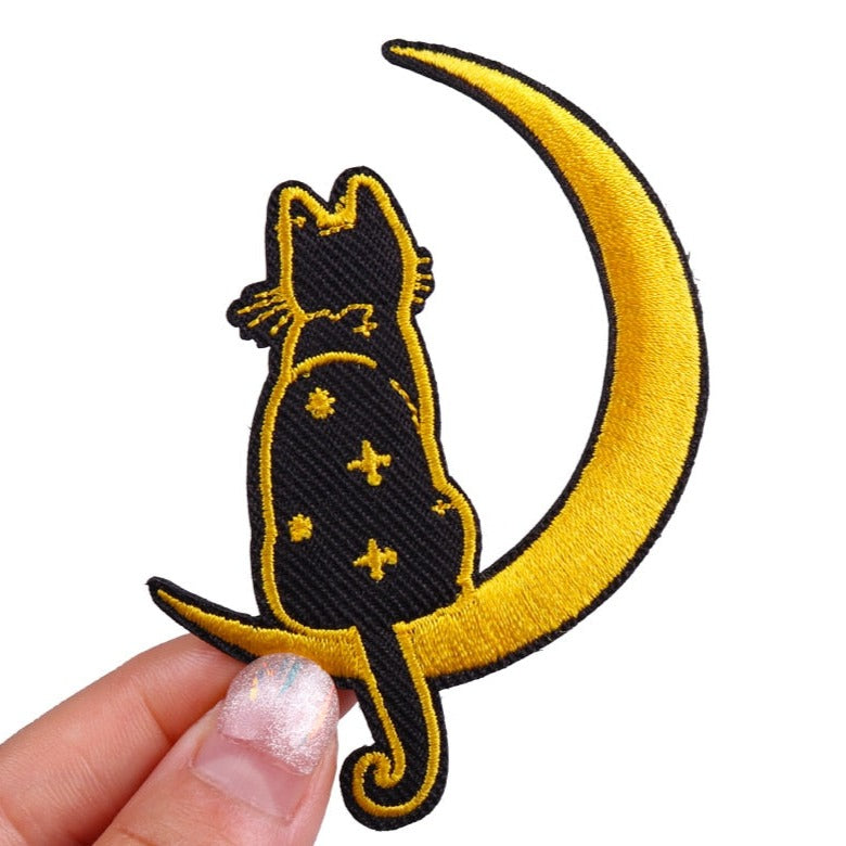 Black Cat 'Sitting On Crescent Moon' Embroidered Patch