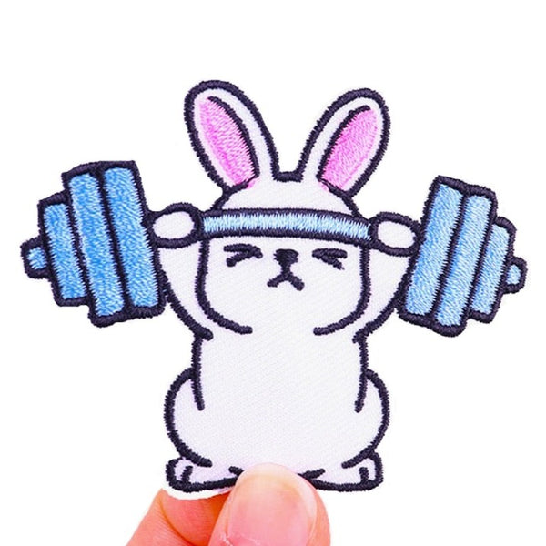 Cute Bunny 'Lifting Barbell' Embroidered Patch