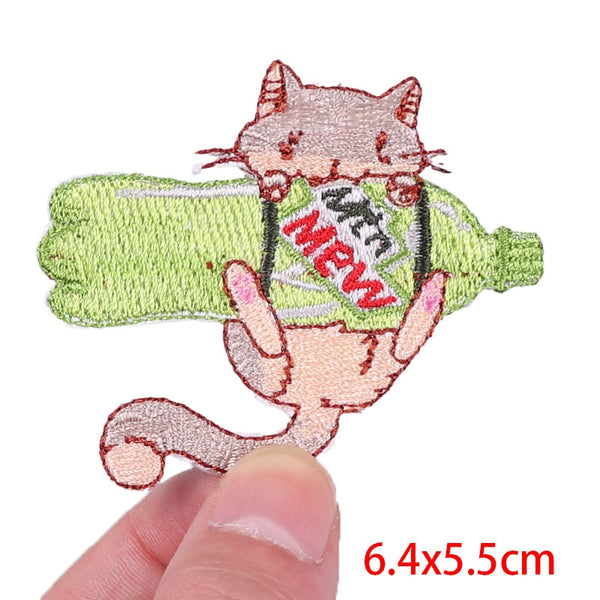 Cute Cat 'Hugging A Mew Bottle' Embroidered Patch