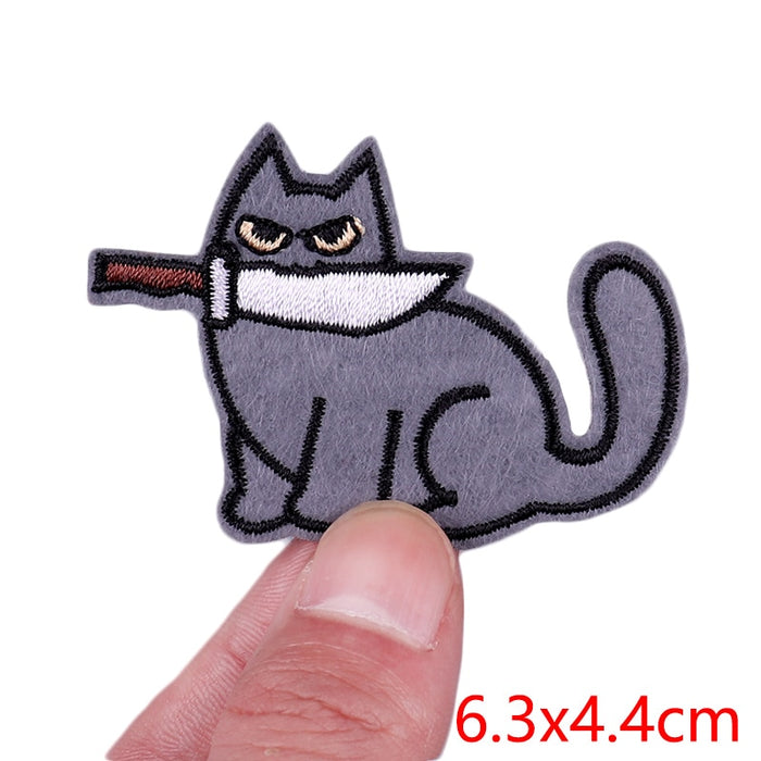 Gray Cat 'Knife In Mouth | Sitting' Embroidered Patch