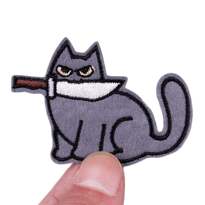 Gray Cat 'Knife In Mouth | Sitting' Embroidered Patch
