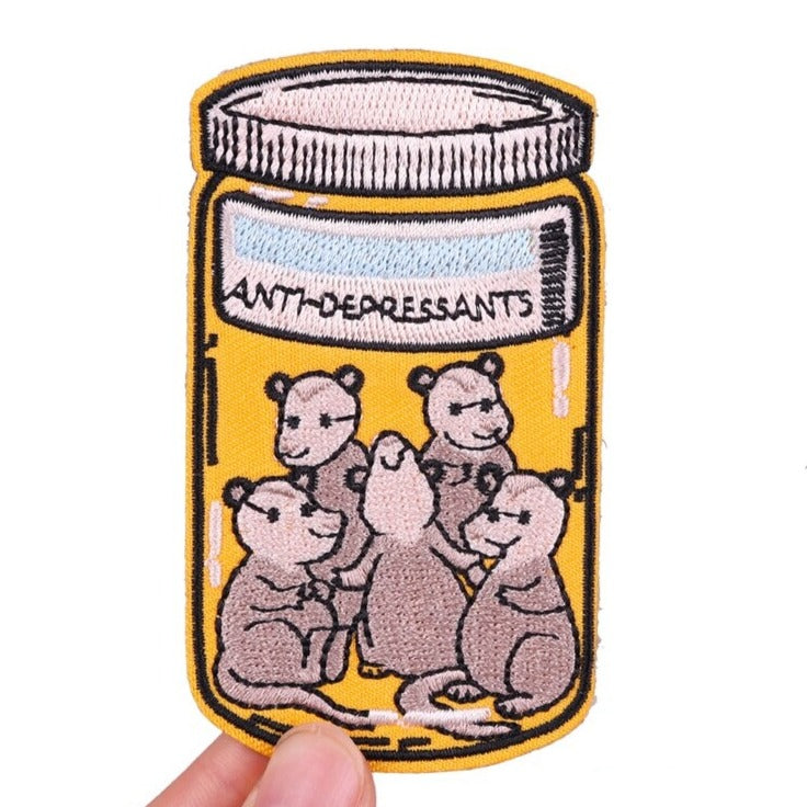Cute Opossums 'Anti-Depressants Bottle' Embroidered Patch
