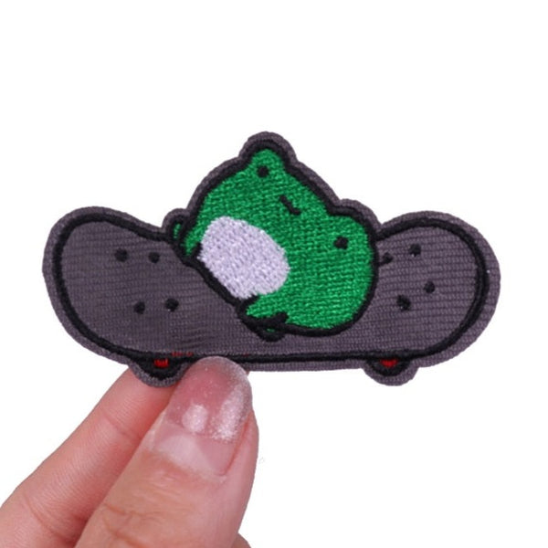 Cute 'Frog On A Skateboard' Embroidered Patch