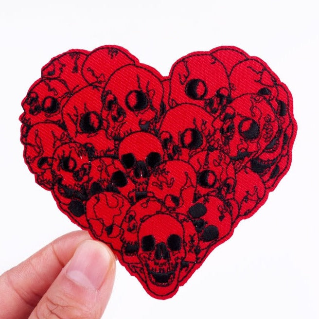 Heart Shaped 'Skull Heads' Embroidered Patch