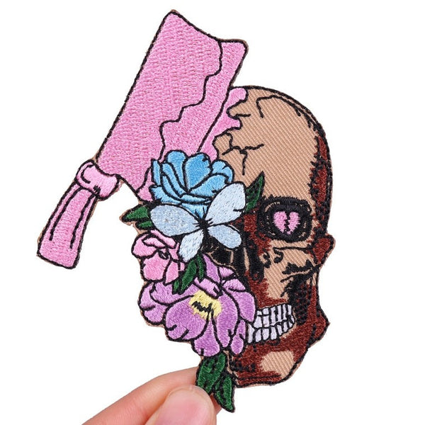 Stabbed Skull 'Half Floral' Embroidered Patch