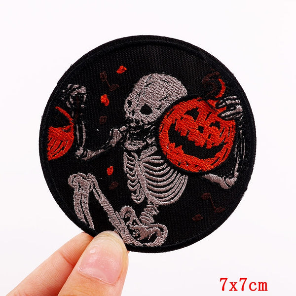 Skull 'Skeleton Holding A Pumpkins | Laughing' Embroidered Patch