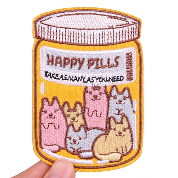 Cute Cats 'Happy Pills Bottle' Embroidered Patch