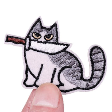 Cat 'Knife In Mouth | Looking' Embroidered Patch