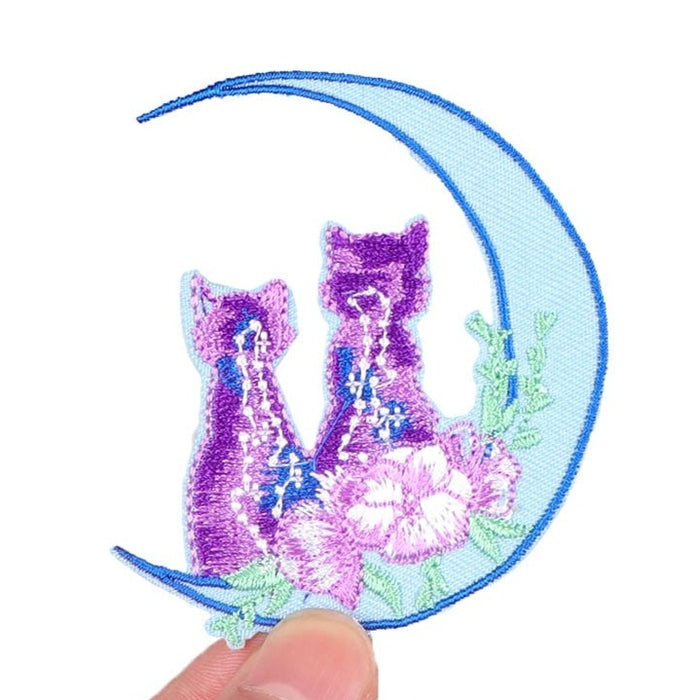 Crescent Moon 'Purple Cats' Embroidered Patch
