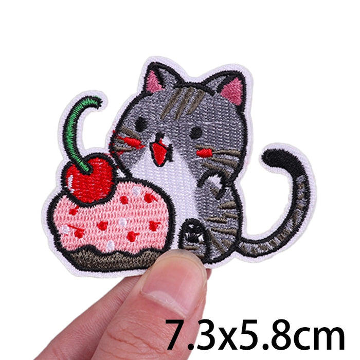 Cute 'Happy Cat | Cherry Cupcake' Embroidered Velcro Patch