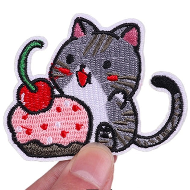 Cute 'Happy Cat | Cherry Cupcake' Embroidered Velcro Patch