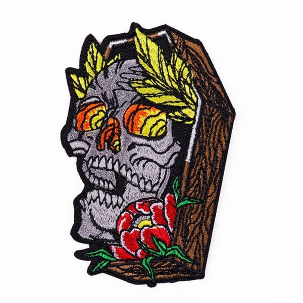 Halloween 'Skull Head In Coffin' Embroidered Patch