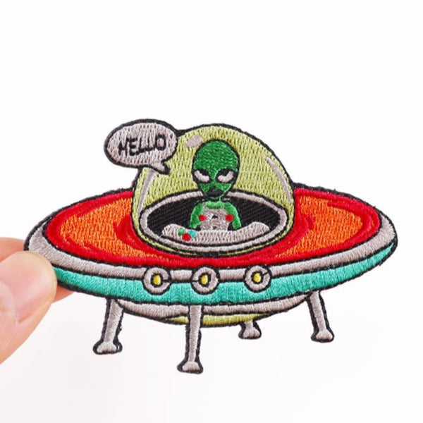 Hello 'Green Alien | Riding UFO' Embroidered Patch