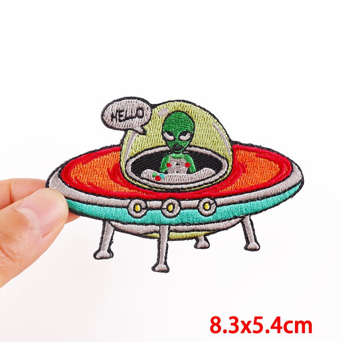 Hello 'Green Alien | Riding UFO' Embroidered Patch