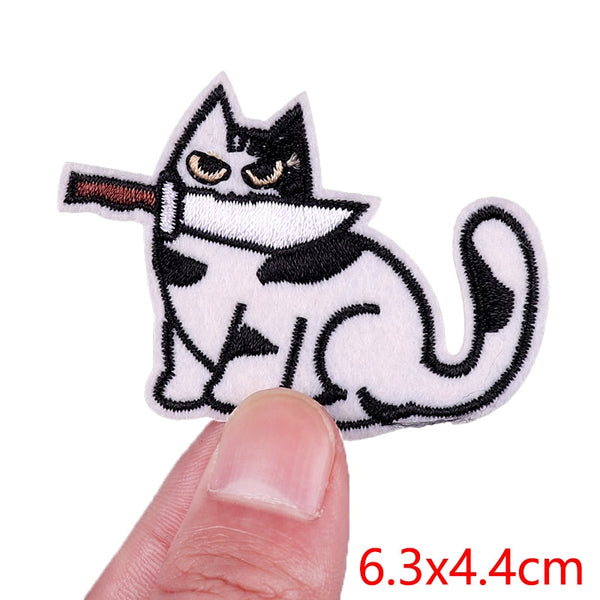 Black White Cat 'Knife In Mouth | Waiting' Embroidered Patch