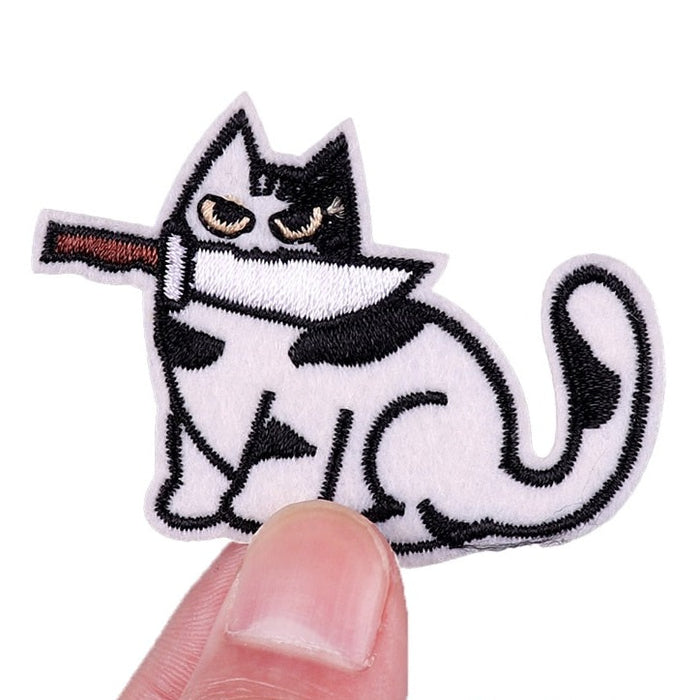Black White Cat 'Knife In Mouth | Waiting' Embroidered Patch