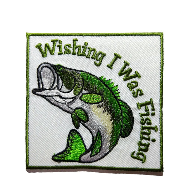 Green Fish 3" 'Wishing I Was Fishing' Embroidered Patch Set