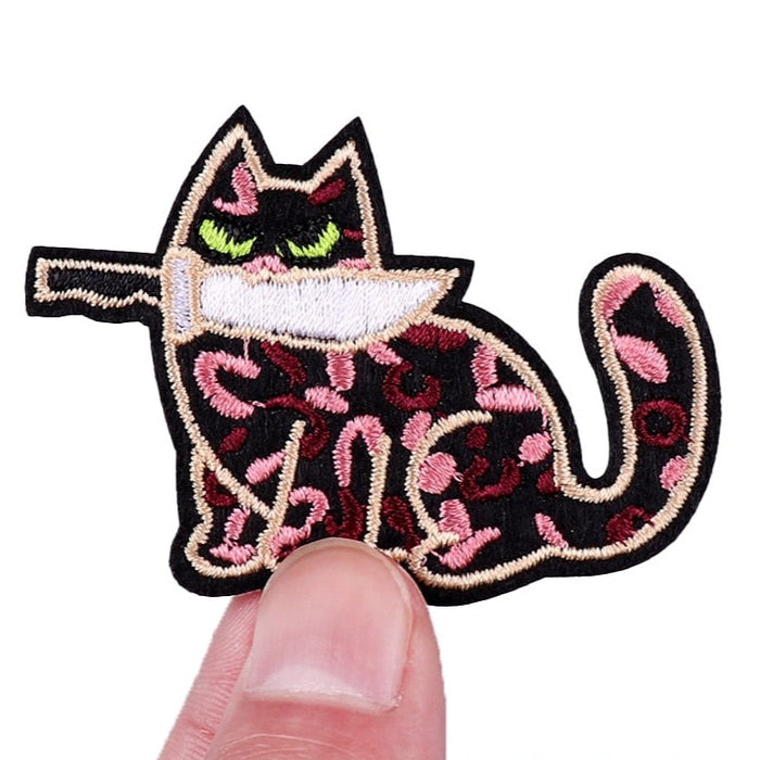 Cat 'Knife In Mouth | Green Eyes' Embroidered Patch