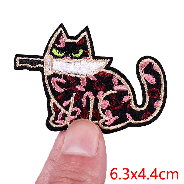 Cat 'Knife In Mouth | Green Eyes' Embroidered Patch