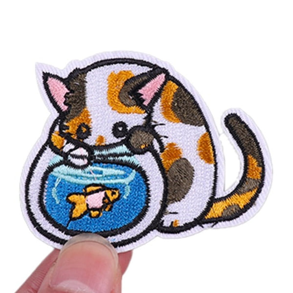 Cute Cat 'Playing with Fish | Aquarium' Embroidered Velcro Patch