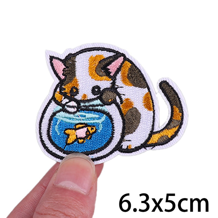 Cute Cat 'Playing with Fish | Aquarium' Embroidered Velcro Patch