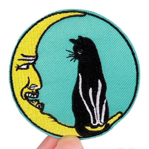 Cute 'Black Cat and Moon' Embroidered Patch