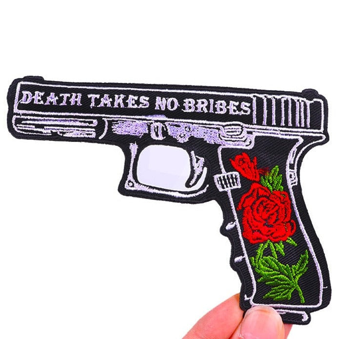 Gun 'Death Takes No Bribes | Flower' Embroidered Patch