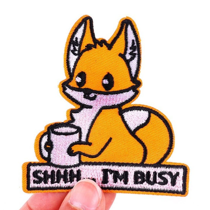 Cute Fox 'Shhh... I'm Busy | Holding Mug' Embroidered Patch