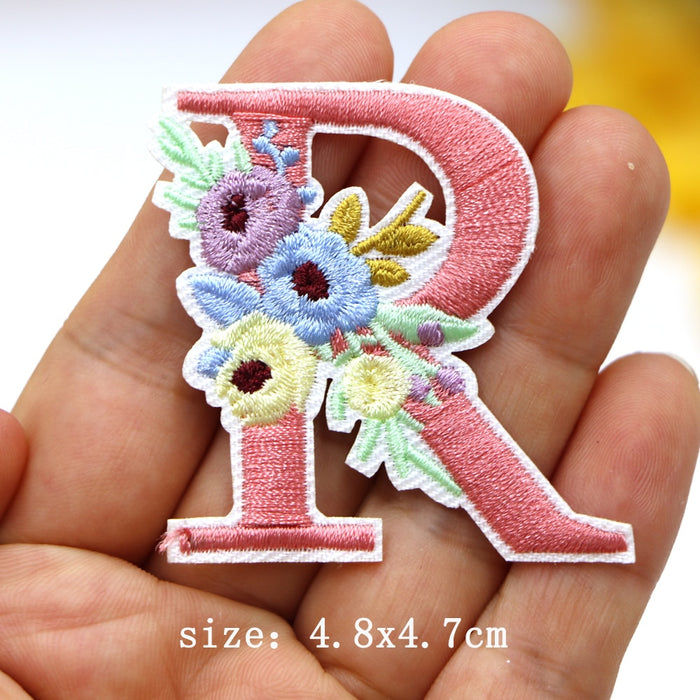Cute 'Pink Letter R | Flowers' Embroidered Patch