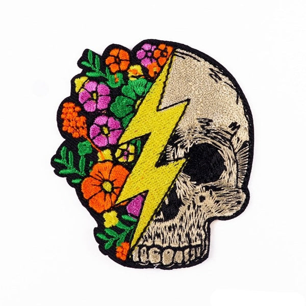 Lightning Bolt 'Half Skull And Half Floral' Embroidered Patch