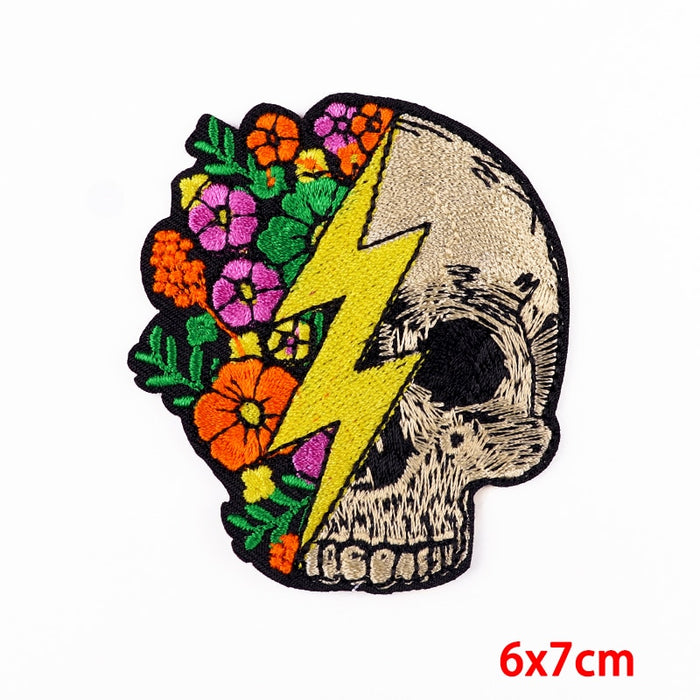 Lightning Bolt 'Half Skull And Half Floral' Embroidered Patch