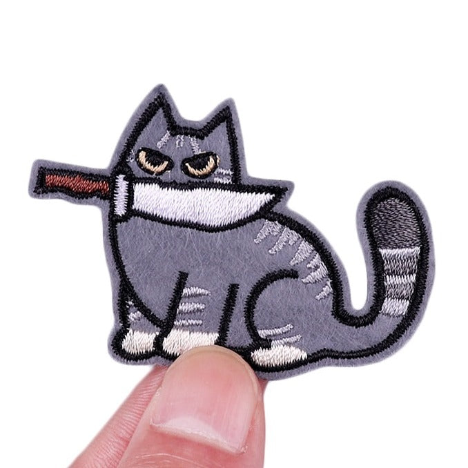 Cat 'Knife In Mouth | Serious' Embroidered Patch