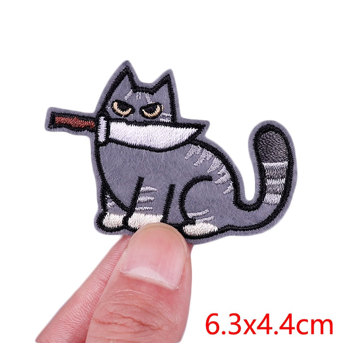 Cat 'Knife In Mouth | Serious' Embroidered Patch
