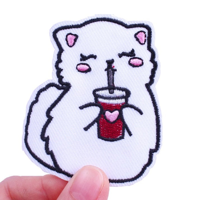 Cute 'Happy Cat | Drinking Red Tea' Embroidered Velcro Patch