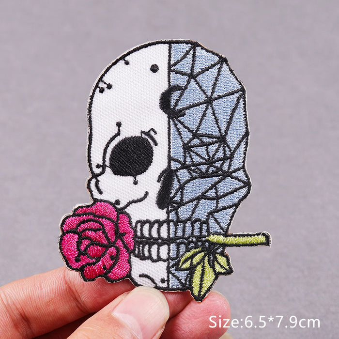 Skull 'Half Geometric Skull | Rose In Mouth' Embroidered Patch
