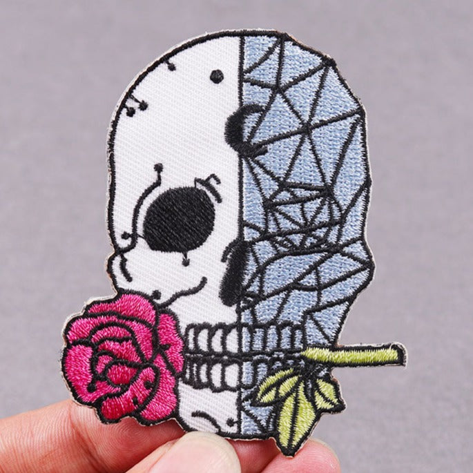 Skull 'Half Geometric Skull | Rose In Mouth' Embroidered Patch