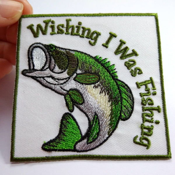 Green Fish 3" 'Wishing I Was Fishing' Embroidered Patch Set