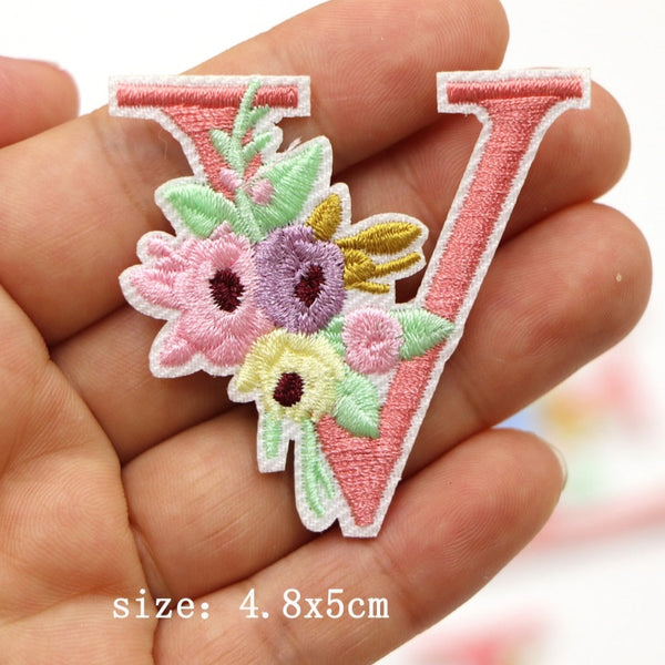 Cute 'Pink Letter V | Flowers' Embroidered Patch