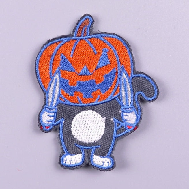 Halloween 'Cat Pumpkin Head | Holding Knives' Embroidered Velcro Patch
