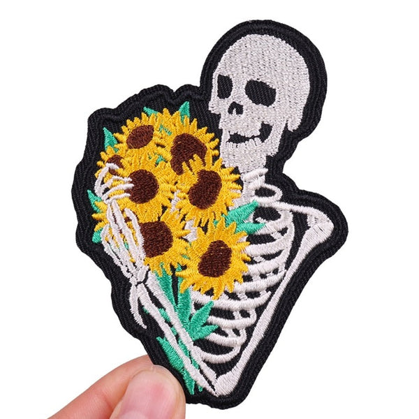 Skeleton 'Holding Sunflowers' Embroidered Patch