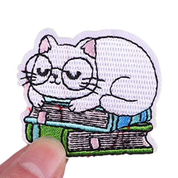 Cute Cat 'Nerdy | White | Books' Embroidered Velcro Patch