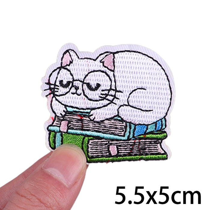 Cute Cat 'Nerdy | White | Books' Embroidered Velcro Patch