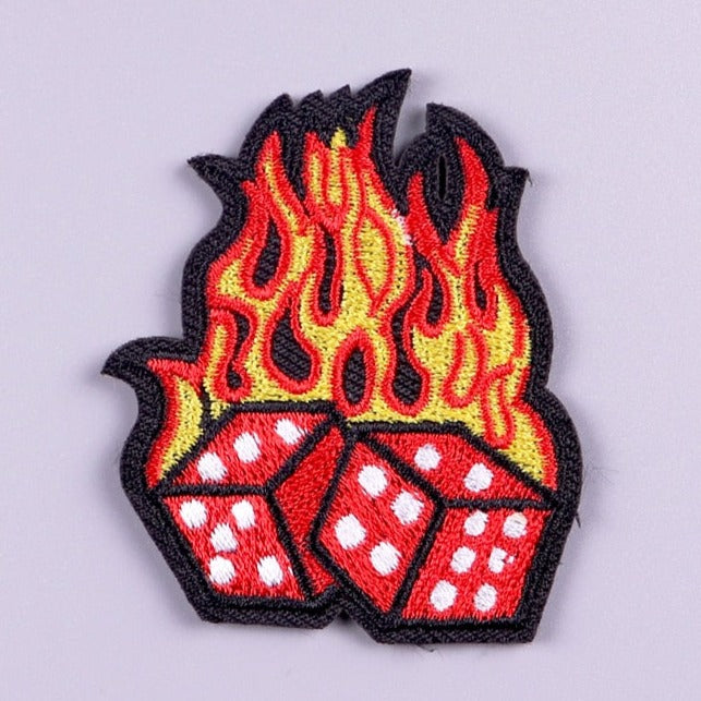 Cool 'Two Flaming Dice' Embroidered Velcro Patch