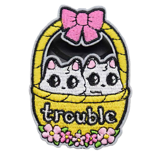 Cute 'Two Kittens In Basket | Trouble' Embroidered Patch