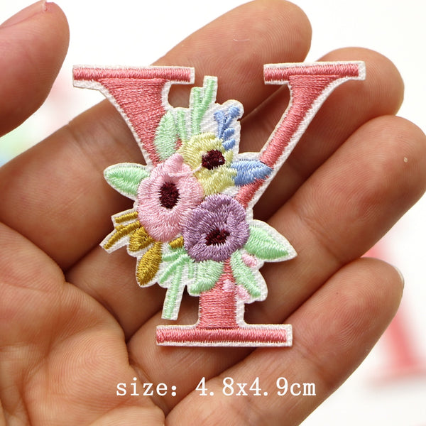 Cute 'Pink Letter Y | Flowers' Embroidered Patch